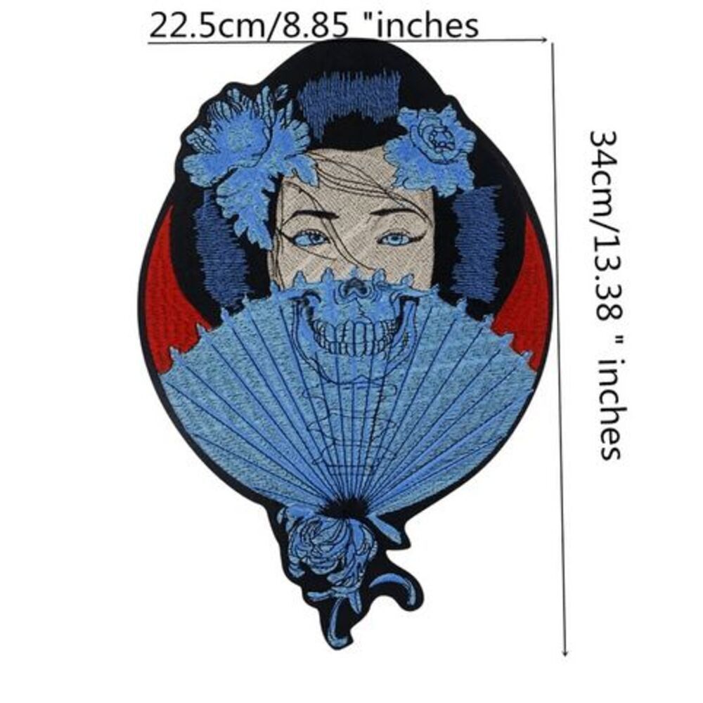 Large Embroidered Goth Giesha Skull Applique Iron-on 13"x 9"